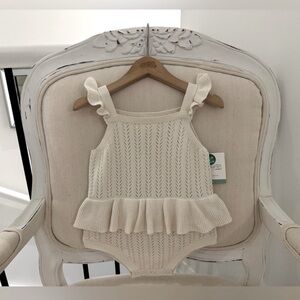 🤍 18 Mth Organic Pointelle Knit Ruffle Ivory Bubble Baby Romper